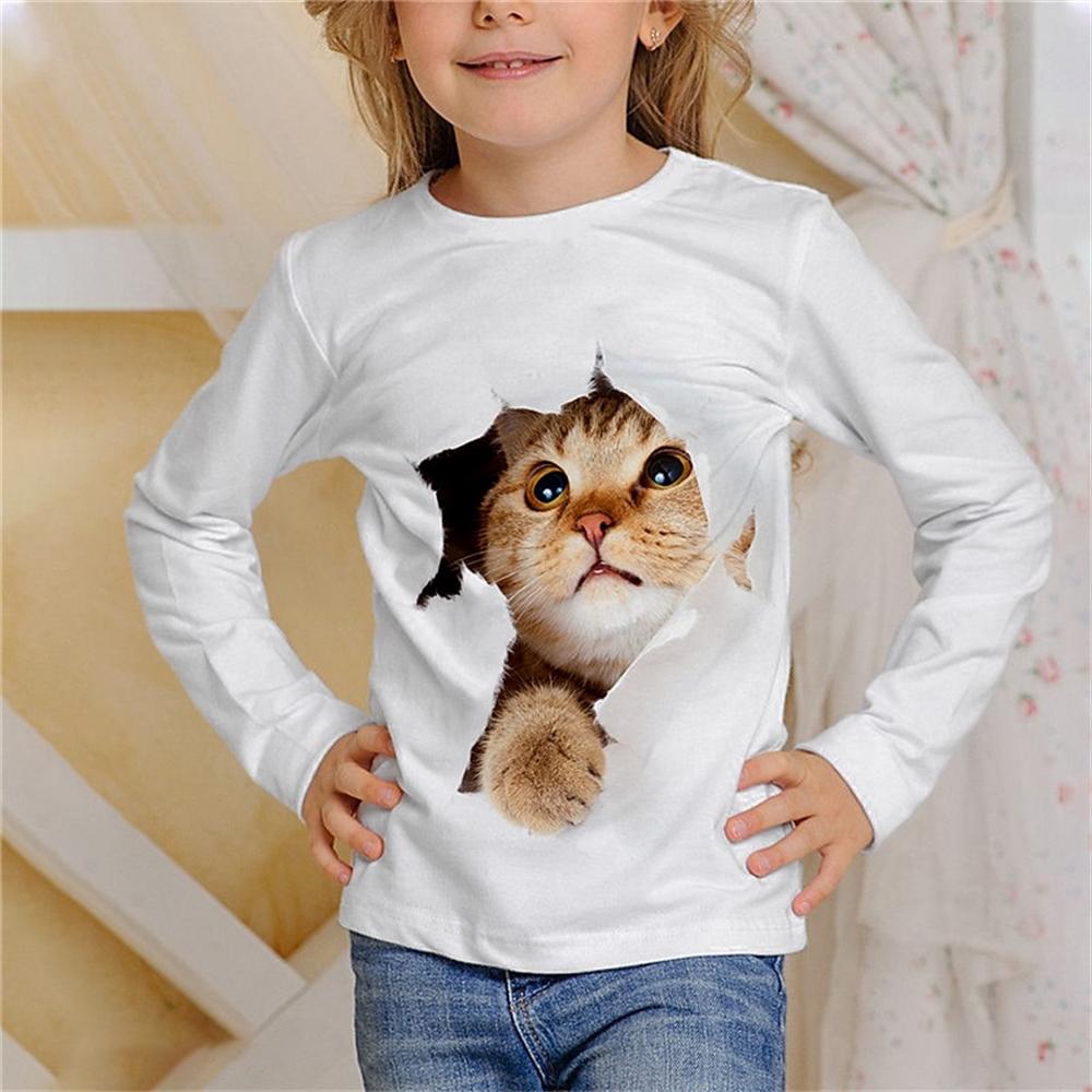 Girl Clothes Casual 3D Cat Graphic T Shirts Long Sleeve Tshirts Round Neck White T-Shirt Fashion Tops Outdoor Clothing for Girls