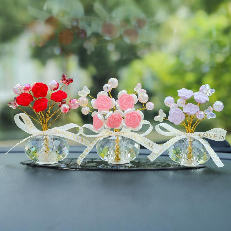Crystal Rose Flower Car Ornament with Creative Potted Plant Decoration for Car Interior