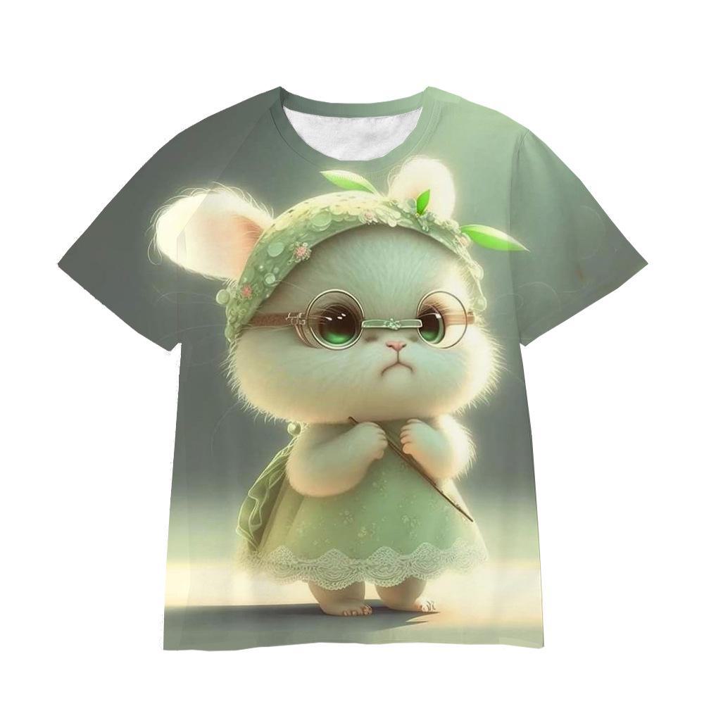Summer Round Neck 3D Cartoon Furry Animal Print Top Fashionable Casual Short Sleeved Children's Boy and Girl Universal T-shirts
