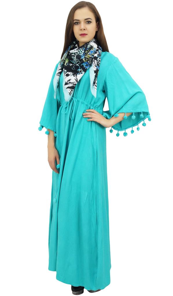 Bimba Женское повседневное платье макси с помпонами и рукавами-колокольчиками цвета морской волны с шарфом -