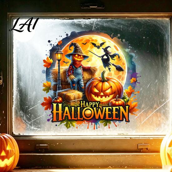 Reusable PVC Window Decor Halloween Static Sticker Cartoon Candy Jar/Scarecrow Shape Clings Removable Glass Art for Parties Decorative Decals