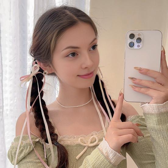2Pcs Hair Rope Double Layer Soft Fabric Long Ribbon Hand-Sewn Bow Decor Hair