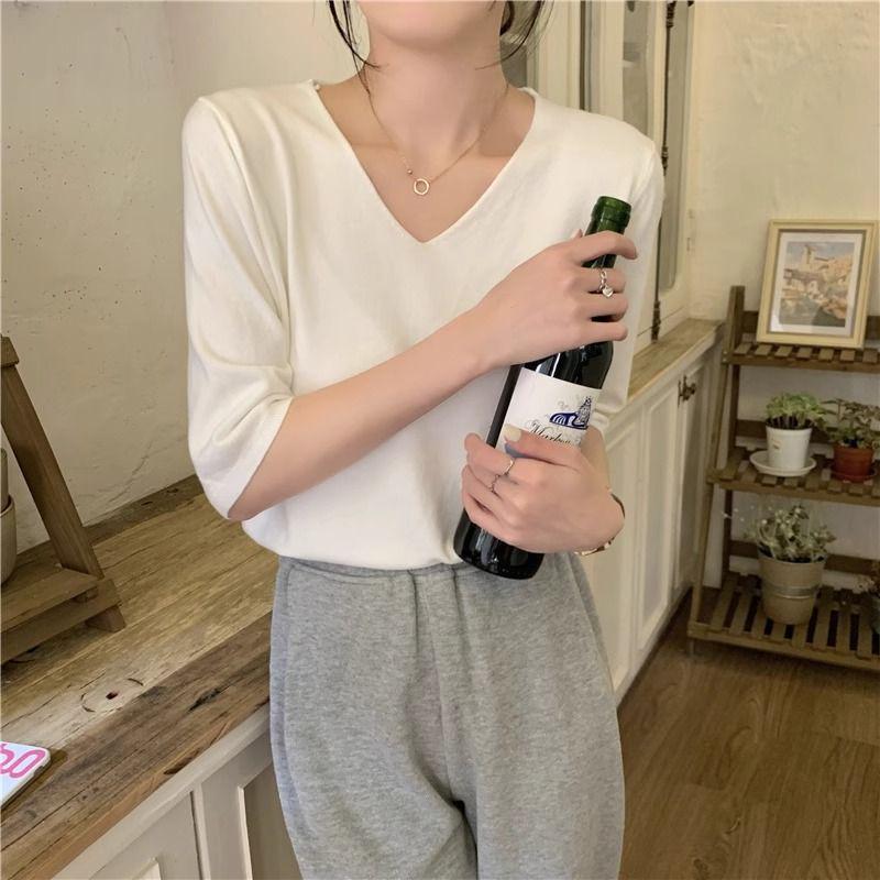 2025 Summer V-Neck Knit Short Sleeve Women's Slimming Top