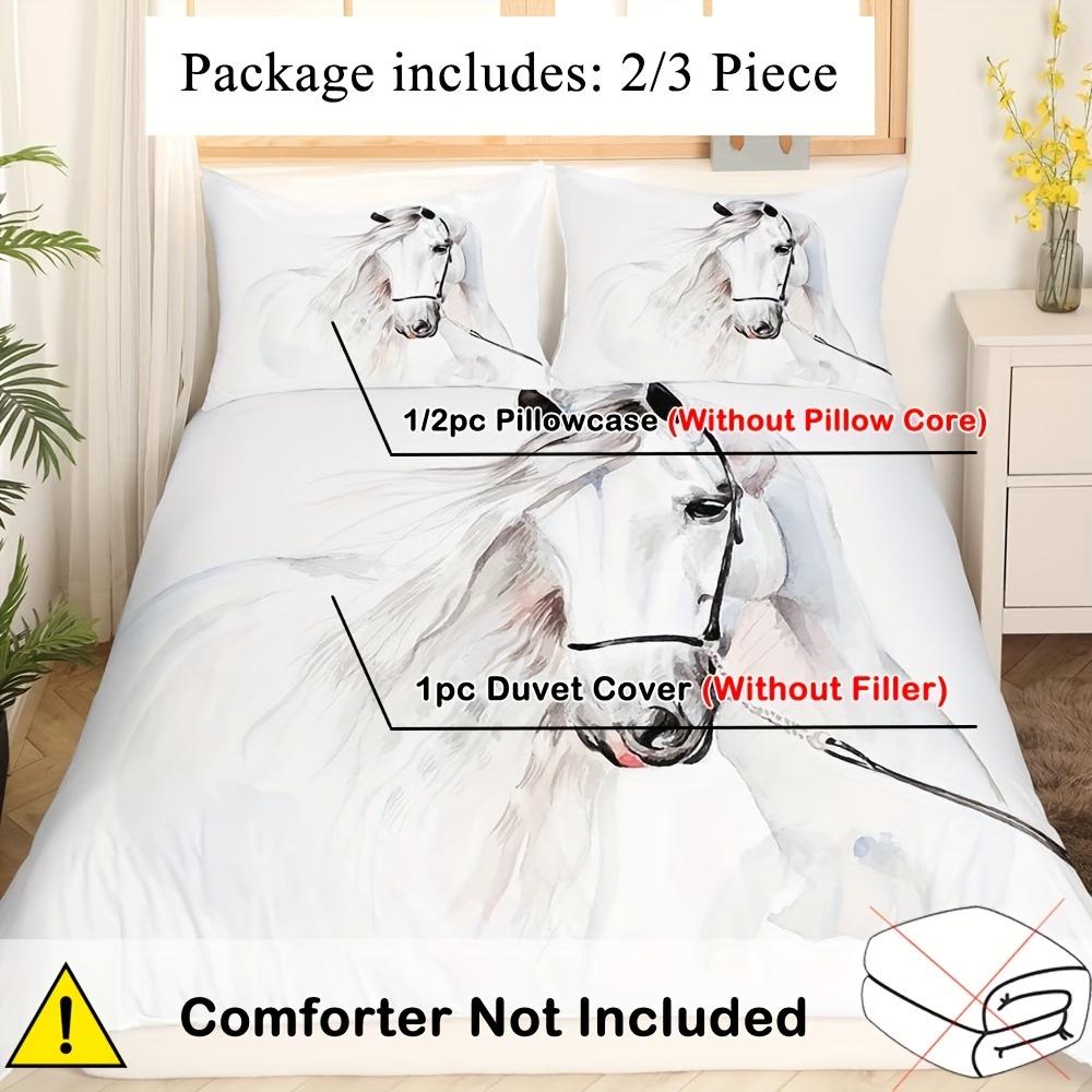 Набор пододеяльника с рисунком белых лошадей из 2/3 предметов - Мягкое дышащее постельное белье для спален и гостей - Принт высокой четкости, 1 пододеяльник + 1/2 наволочки