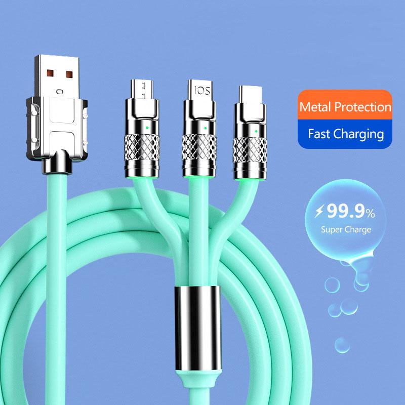 VAORLO Металлический USB-кабель для передачи данных 120 Вт, 6 А, 3 в 1, супер зарядка, быстрая зарядка для Micro Type-C, с подсветкой, передача 480 Мбит/с