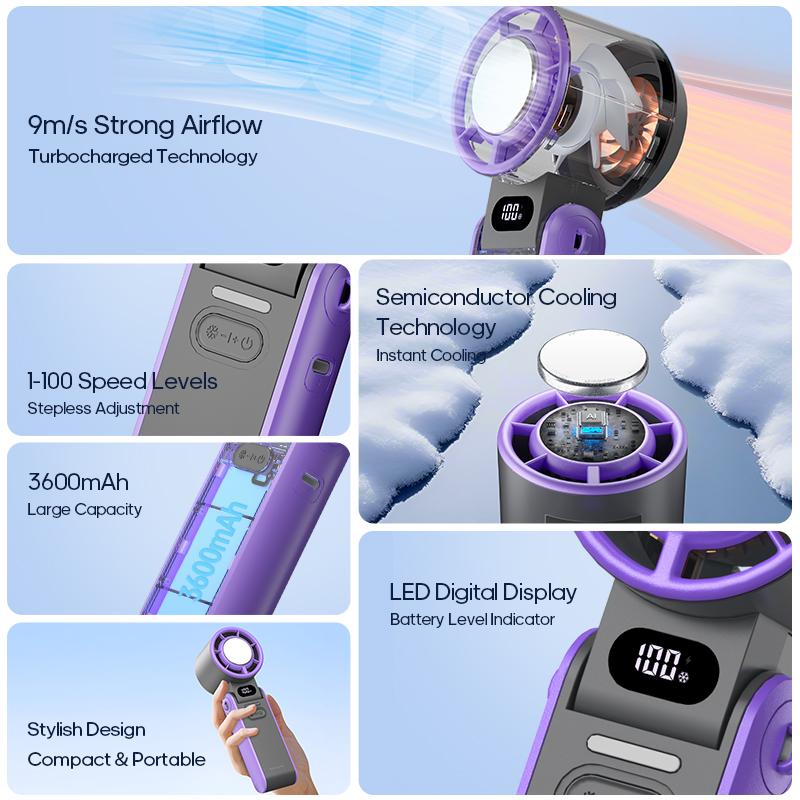 Уличный складной портативный ручной вентилятор, мини-охлаждение, перезаряжаемый, 3600 мАч, 100-уровневый, свободное управление, высокоскоростной турбовентилятор