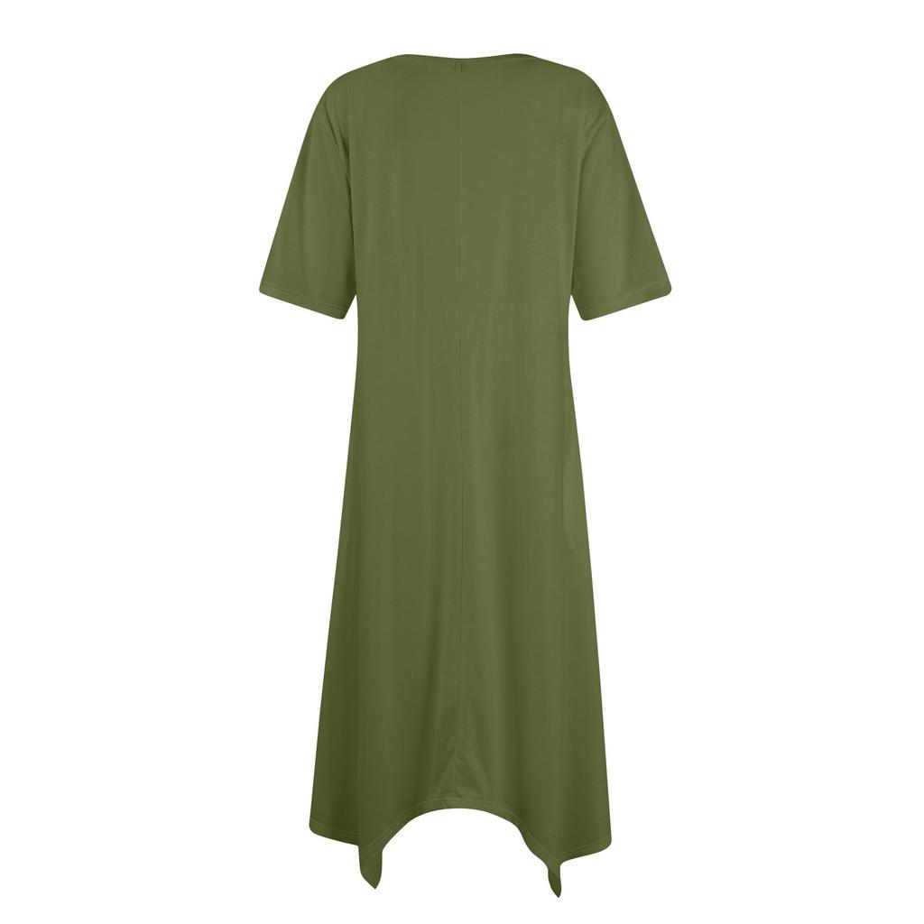 Женское повседневное модное платье миди с круглым вырезом и коротким рукавом, однотонное, с неровным подолом