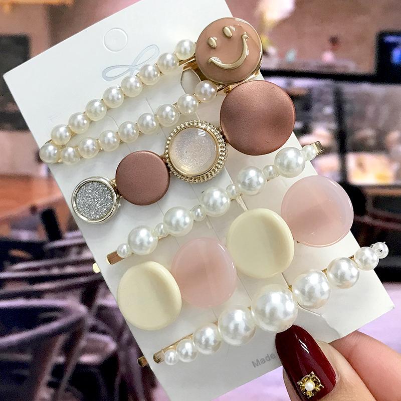 5Pcs/Set Fashion Smiley Pearl Hair Clip For Women Girl Geometric Acetate Barrettes Hairpin Headwear Hair Accessories  Trendy