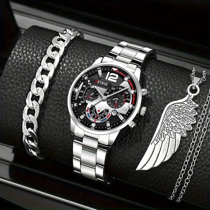 3pcs/set, Fashion Men's Calendar Sports Quartz Watch with Stainless Steel Strap & Bracelet & Necklace, Best Gifts for Him