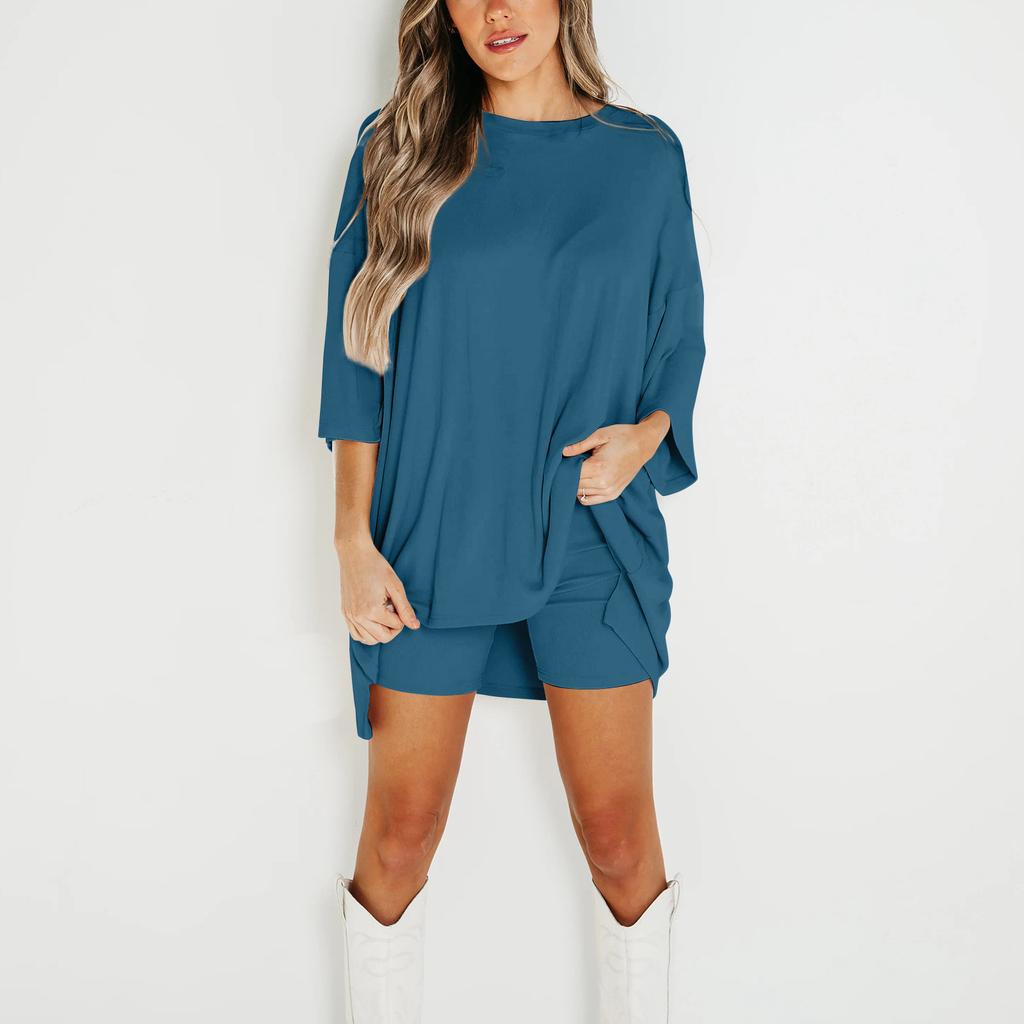 Женский летний комплект из 2 предметов с круглым вырезом и короткими рукавами, с заниженными плечами, топ для больших детей и узкие байкерские шорты для йоги, комплект