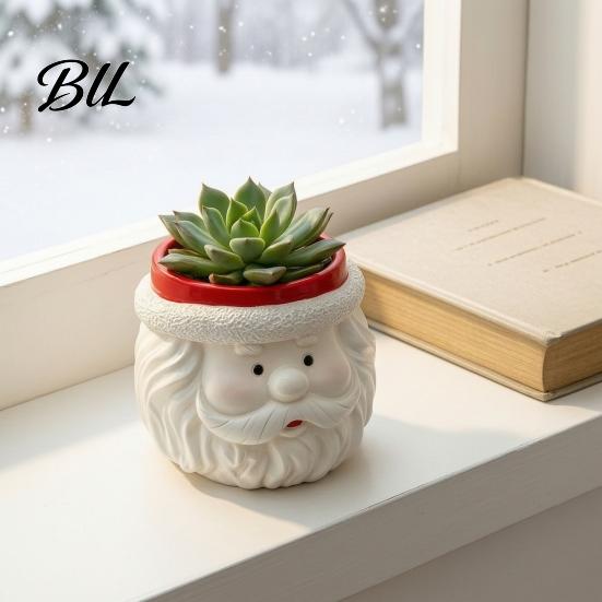 Christmas Themed Desk Accessory Cute Santa Claus Resin Flowerpot, Decorative Desktop Window Sill Decoration Planter, Hand Painted Container for Indoor