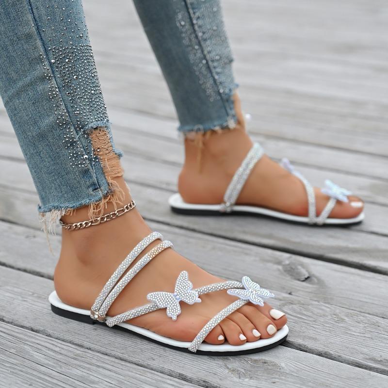 Fashion 2025 Summer New Women’s Plus Size Sandals Outdoor Round Toe Narrow Band Crystal Butterfly Slippers for Beach Daily Slippers