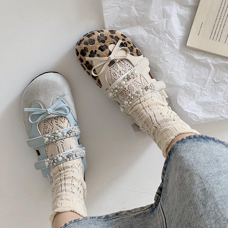 Leopard Print Ballet Shoes for Women's Summer Wear 2025 Summer Super Fire Ugly Cute Sweet Sister Pearl Leopard Print Mary Jane Boken Sandals