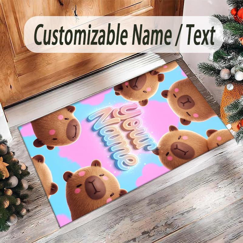 Teddy Bear Theme Crystal Velvet Rug Personalized Custom Name Text Soft Floor Mat Home Decor