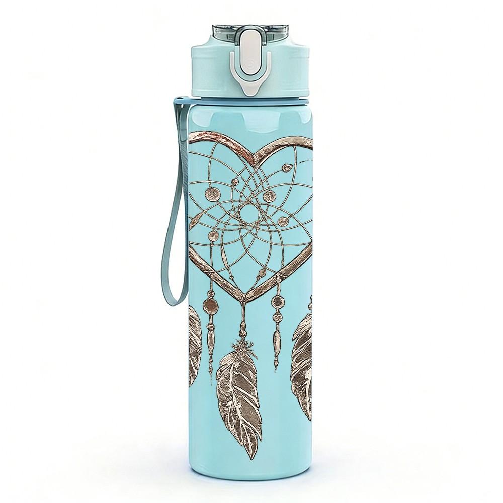 1PC Feather Dreamcatcher Heart Print 750ml Color Plastic Sports Water Bottle Leakproof Flip Straw Lid Suitable for Sports Office Home Use