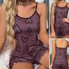2 Pcs/Set Women Pajamas Set O Neck Sleeveless Heart Print Strappy Top Elastic High Waist Shirring Edge Loose Fit Shorts Homewear Vest Shorts