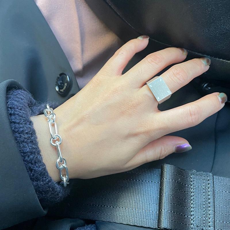 Adjustable Trendy 925 Silver Wide Square Ring With Stylish Matte Texture For Women