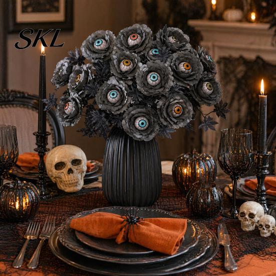Halloween Themed Decor Eyeball Flower Stem, Artificial Rose Floral Pick with Eyeball, Party Decorations Gothic Black Branches for Vase, Home