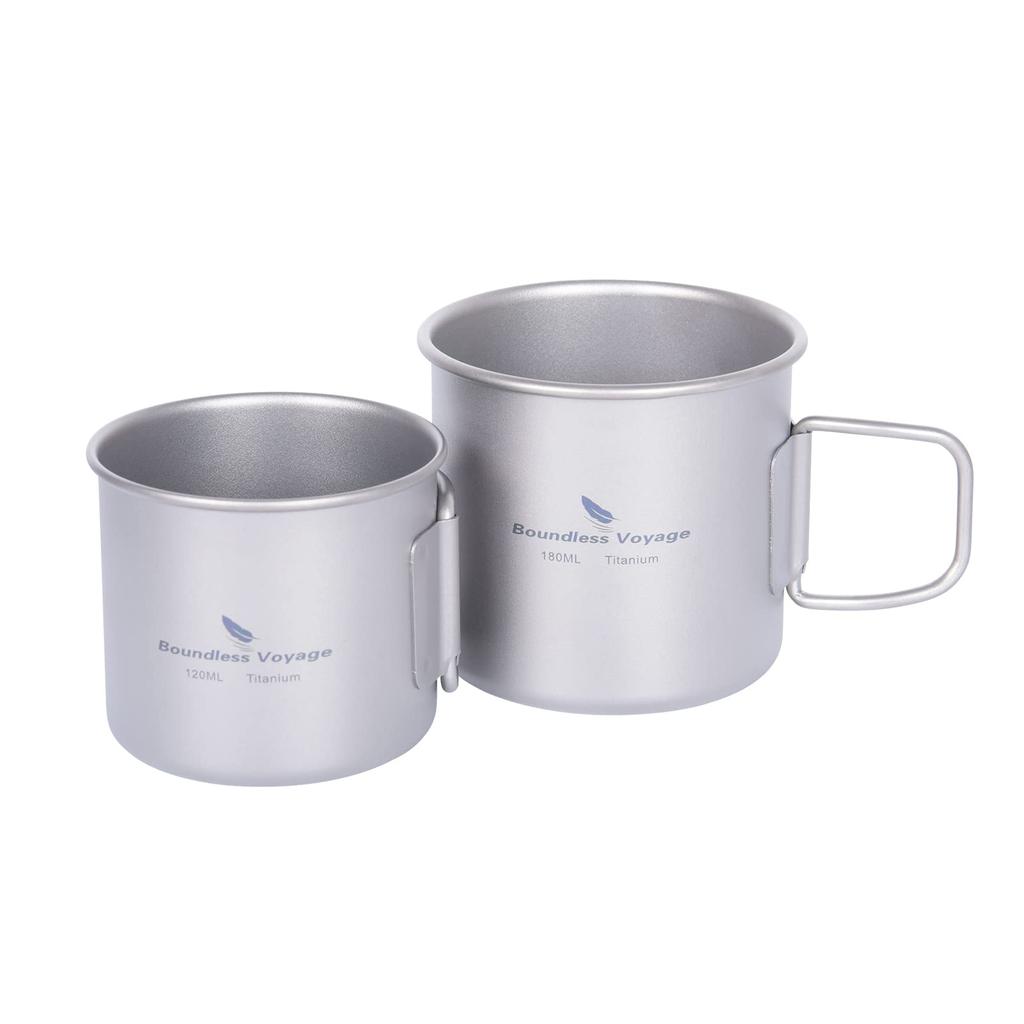 Boundless Voyage Titanium Mug Set, 120 ml and 180 ml, Folding Handles, with Storage Bag