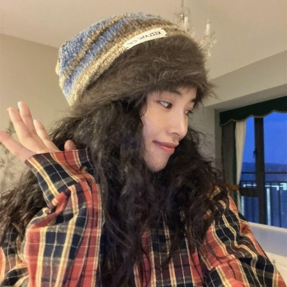 Autumn Winter Y2k Striped Hat Korean Women Beanie Hat Vintage Slouchy Woolen Hat  Outdoor