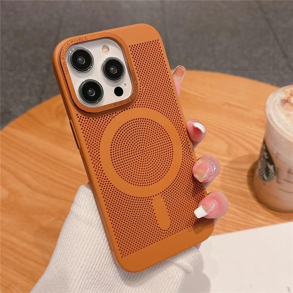 Ultra Thin Heat Dissipation Mesh Grid Magnetic Case for iPhone 15 13 12 14 11 Pro Max Matte Hard Steel Magsafing Shockproof Cove