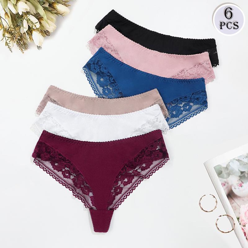6Pcs Plus Size Sexy Panties Set Women Lace Wave Trim Stretch Cheeky Briefs Thongs 0Xl-5Xl