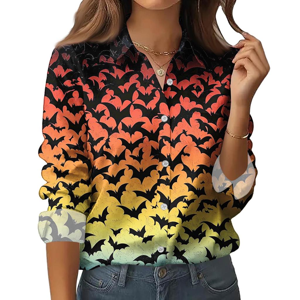 Женская рубашка-блузка с принтом и пуговицами, длинный рукав, повседневный базовый рубашечный воротник, обычный топ