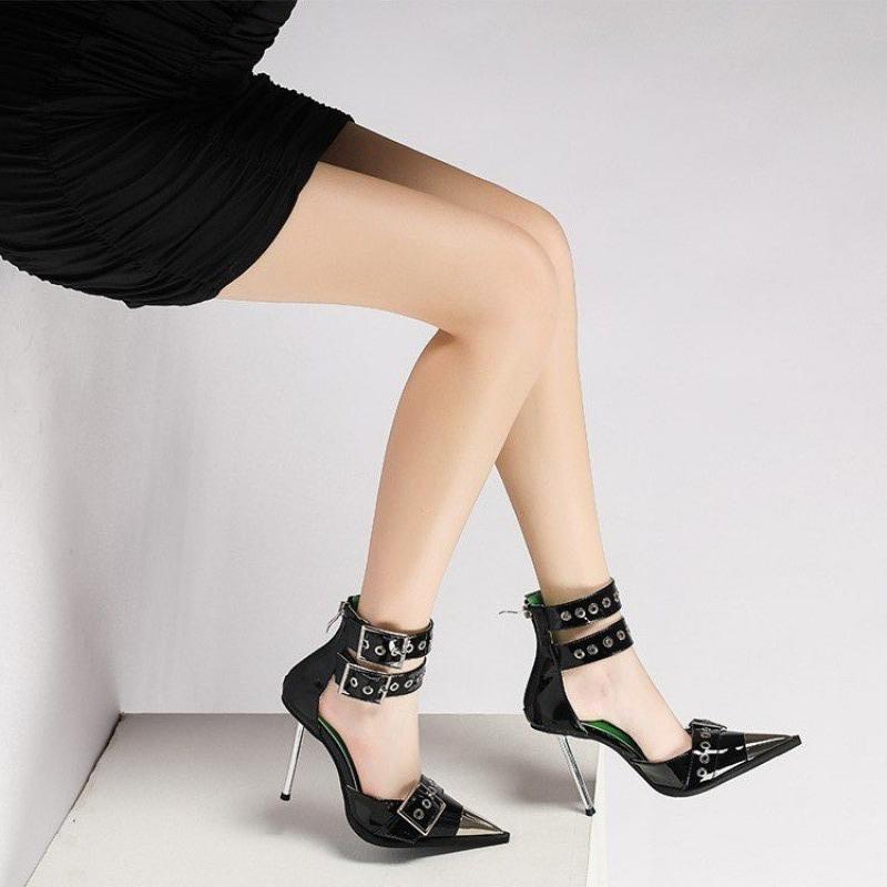 Модные туфли Baotou Single Shoes, летние новые, остроносые, с заклепками после молнии, на очень высоком каблуке, с одной линией пряжки