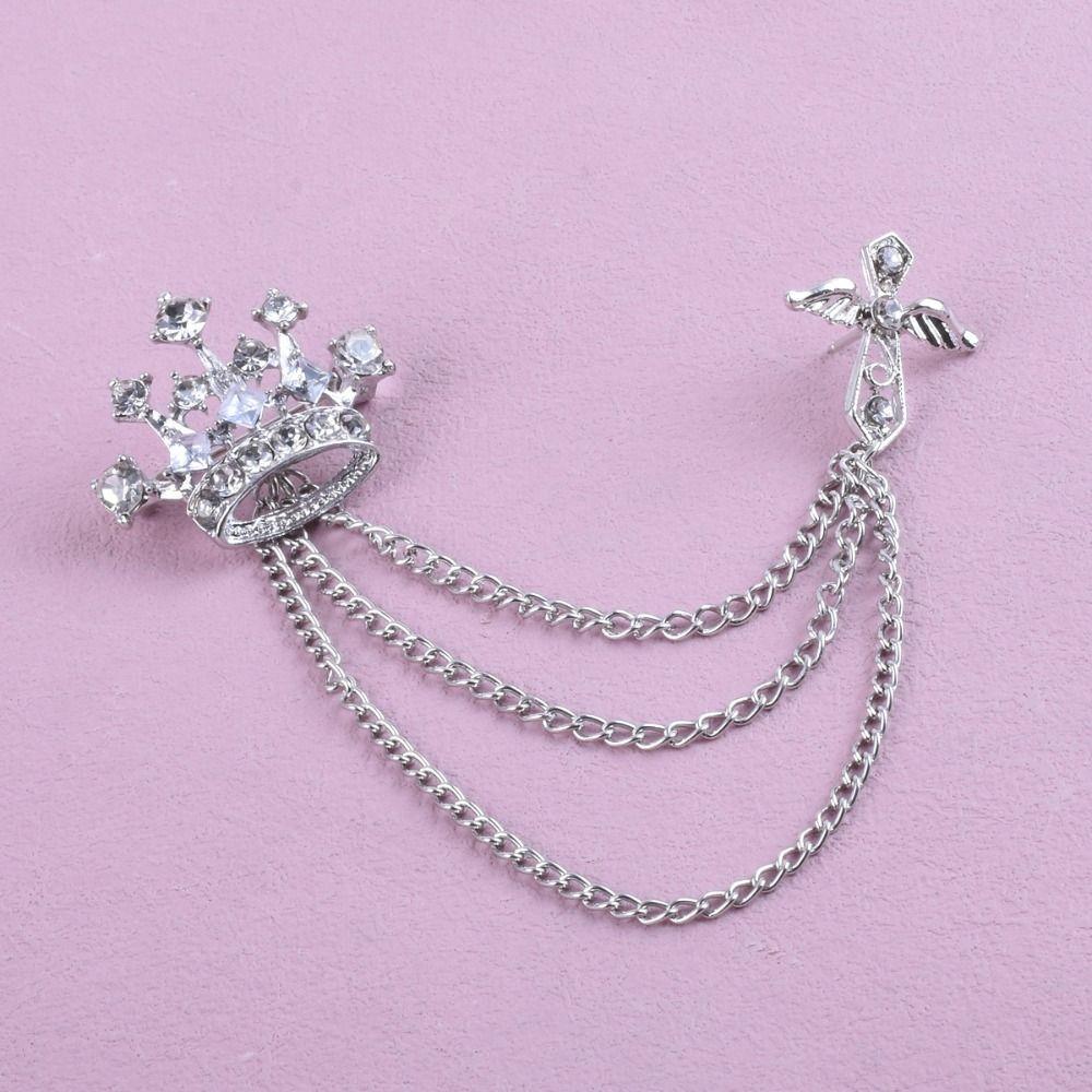 Rhinestone Crown Tassel Brooch Chain Suit Collar Pin Temperament Suit Lapel Pin Male Charm