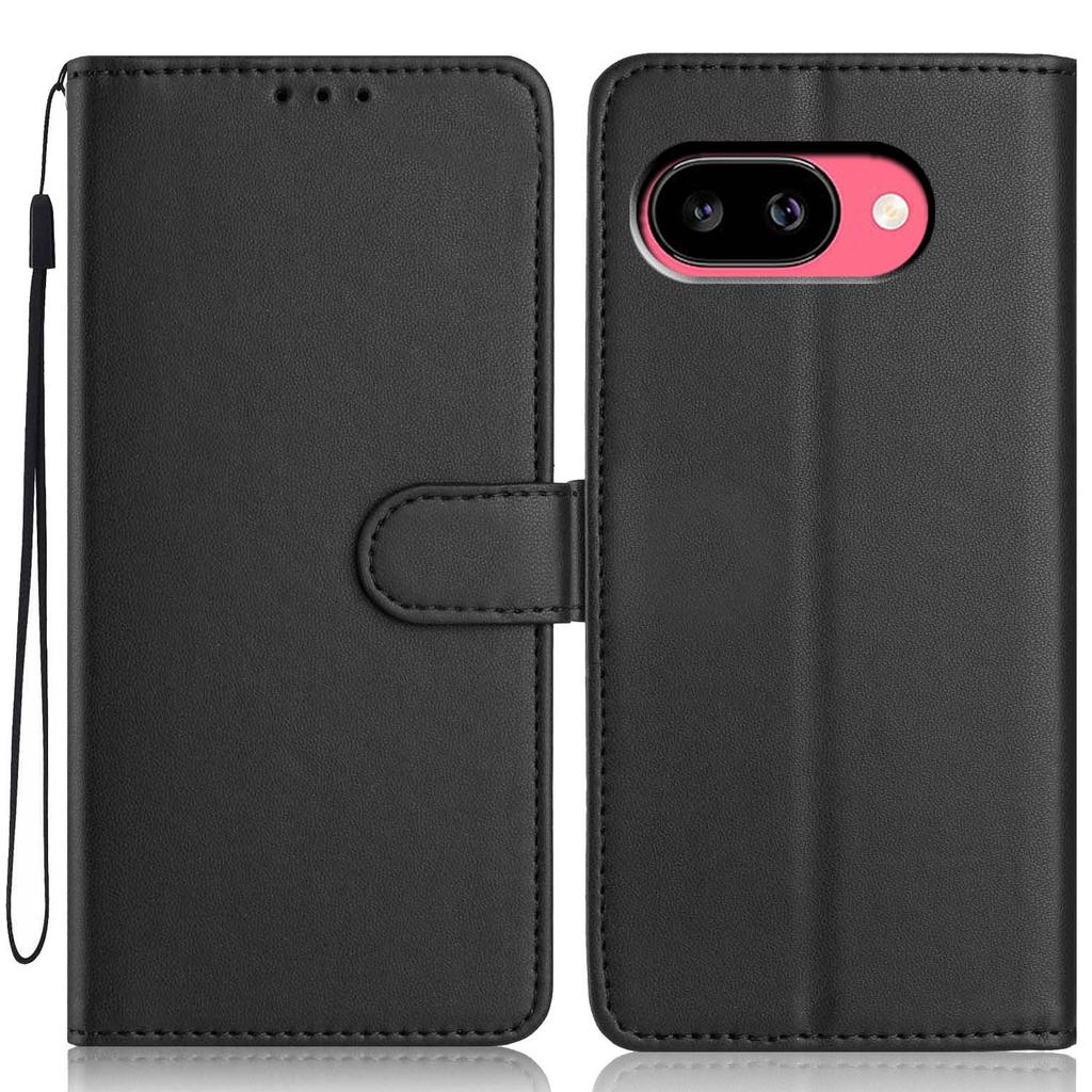 For Google Pixel 9a Wallet Case with Strap/Multiple Card Slots Solid Color Leather Stand Phone Cover