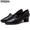 Black Soft Leather Woman High-heeled Work Shoes Pointed Toe Thick Heel Cusp Shallow Mouth Slip-on Vintage European Style Simple Casual
