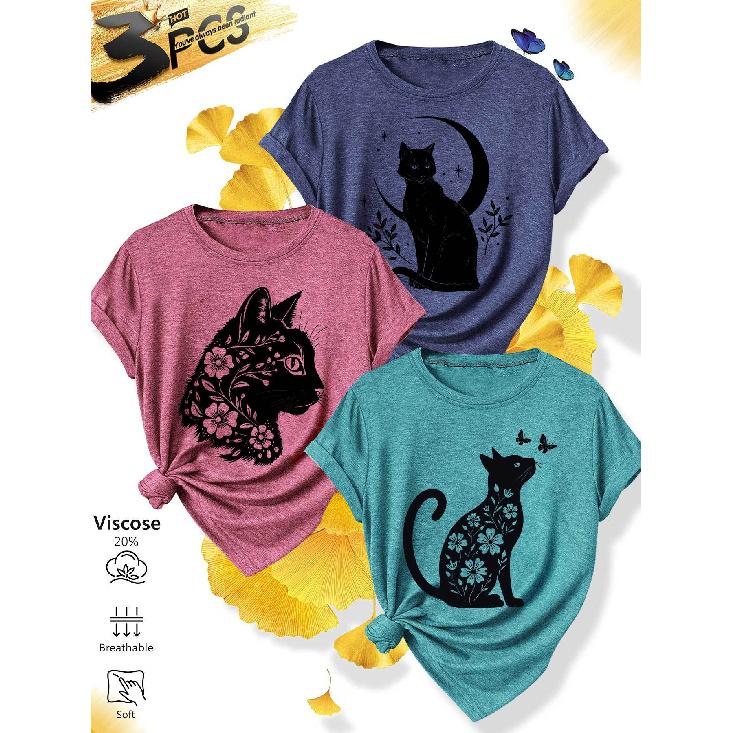 3Matching outfits for sisters' family gatherings Floral silhouette cat forest print casual round neck fresh casual versatile round neck soft knitted