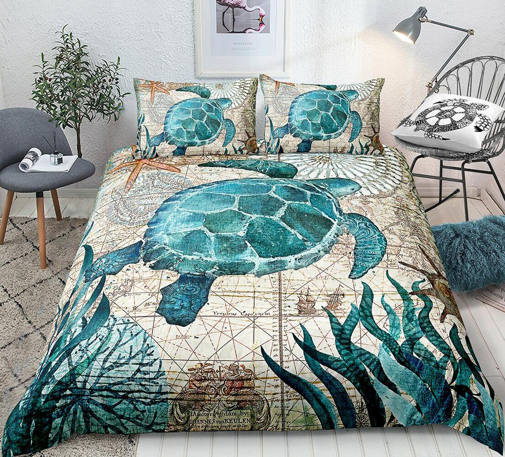 Sea Turtle Bedding Ocean Duvet Cover Set Teal Mediterranean Style Marine Theme Design Ocean Bedding Sets Queen King Twin Size