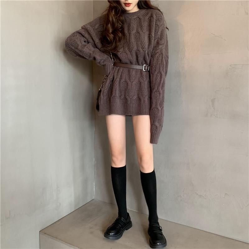 Пуловер-свитер, осенне-зимний новый свободный верхний наряд, свободный свитер средней длины с круглым вырезом, женский вязаный свитер, пальто