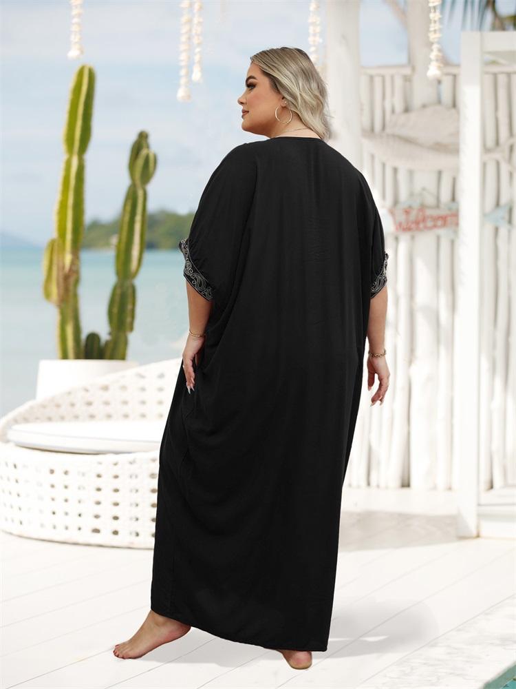 EDOLYNSA Черный кафтан больших размеров с золотой вышивкой, платья для женщин, пляжная одежда с v-образным вырезом и рукавами-фонариками, купальник, свободный кафтан
