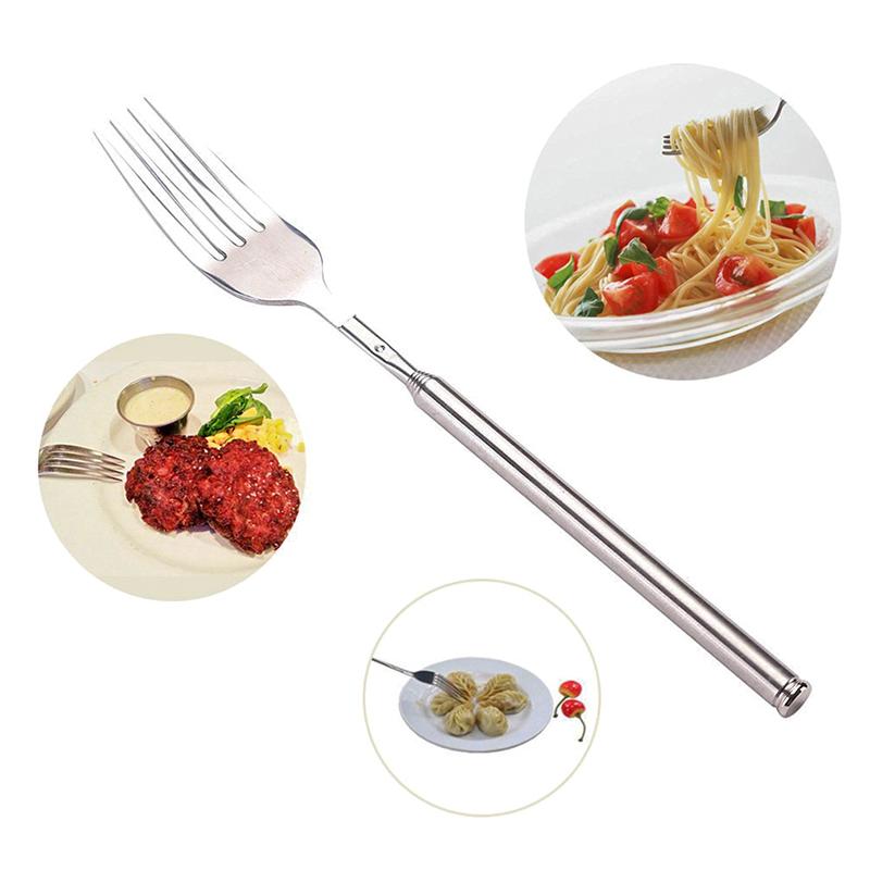 Silver Stainless Telescopic Extendable Fork Dinner Fruit Dessert Long Cutlery Forks Bbq Meat Fork Kitchen Dinnerware Tableware