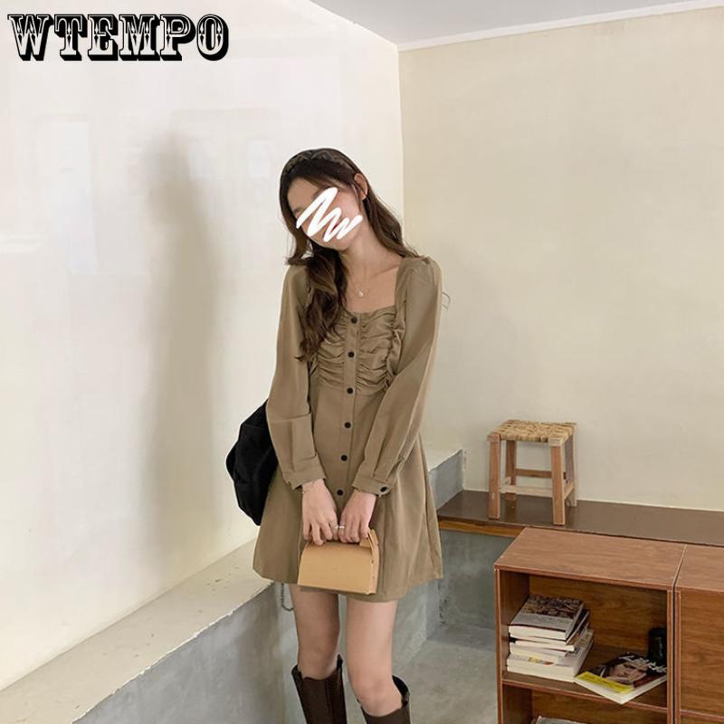 Женский темперамент ретро платье с квадратным воротником плиссированное однобортное корейское платье-костюм А-силуэта с длинными рукавами