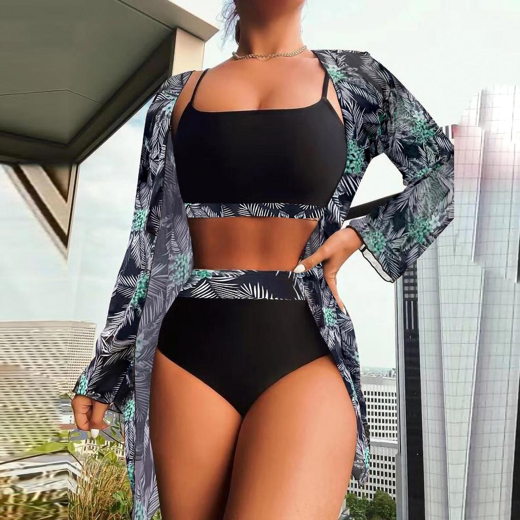 Женский разделенный комплект из трех предметов, блузка с высокой талией и длинными рукавами, солнцезащитные комплекты бикини