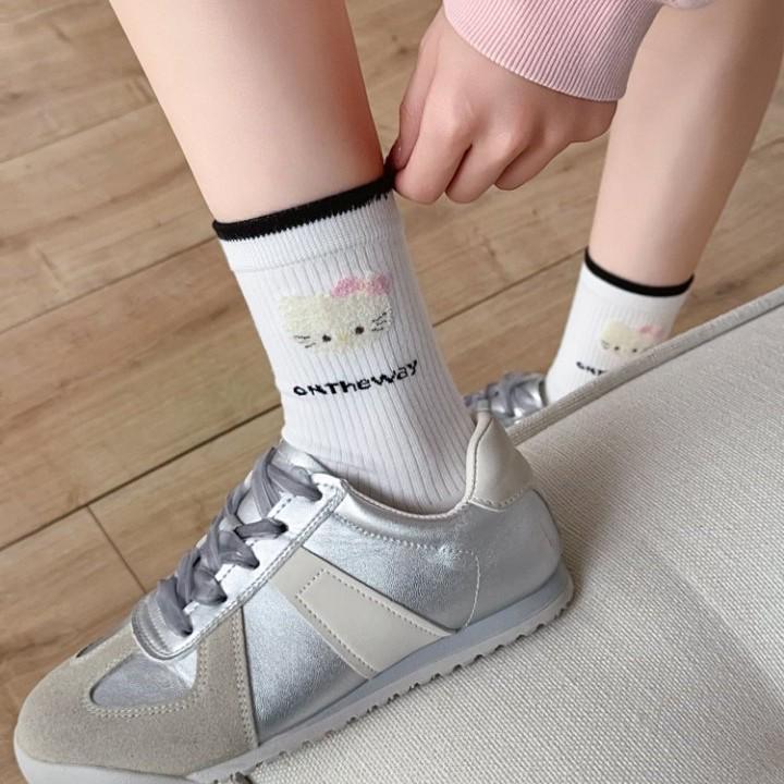 Хлопковые кошачьи носки: Женские до середины икры, весна/осень, японский и корейский стили преппи, флокированный ворс, длинные носки.