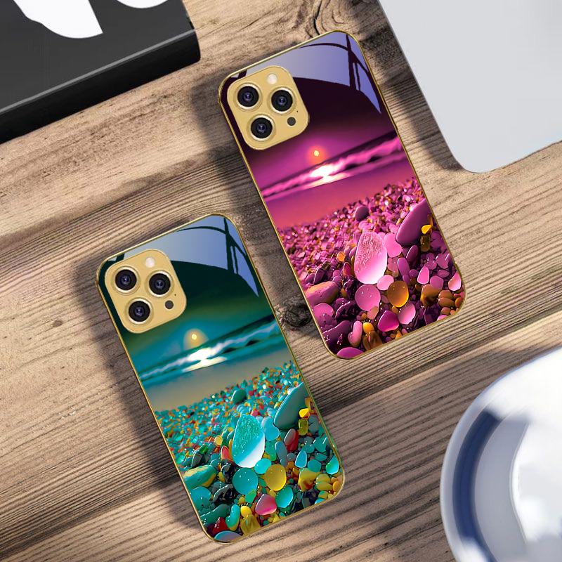 Красочный каменный берег моря Для iPhone 16 16Pro Max 15 P ro 14 13 Plus 12 Mini 11Pro Max XS Max XR Золотой чехол для телефона из закаленного стекла