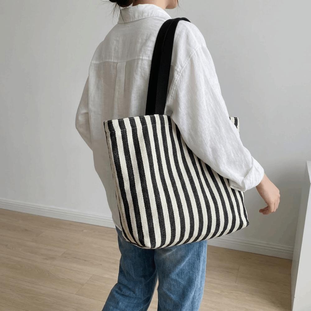 Zipper Shoulder Bag Canvas Shopping Handbag Retro Stripe Canvas Tote Bag Girls