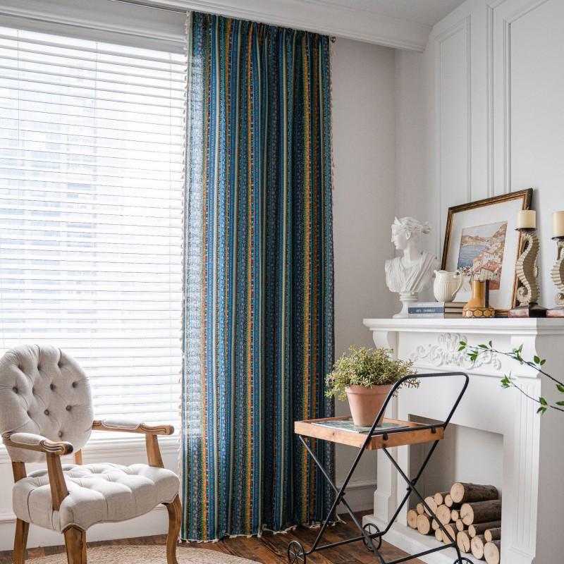 Bohemian Striped Cotton Linen Kitchen Curtain Semi-Sheer Grommet Tab Rod Pocket Dining Room Decor