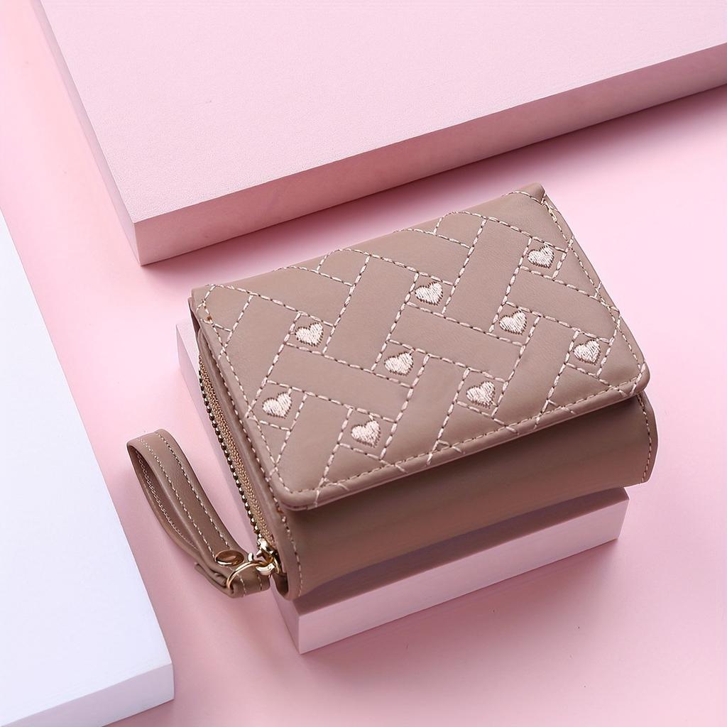 Women Wallet PU Leather Embroidered Love Tri-fold Card Holder Multi-card Slot Coin Purses
