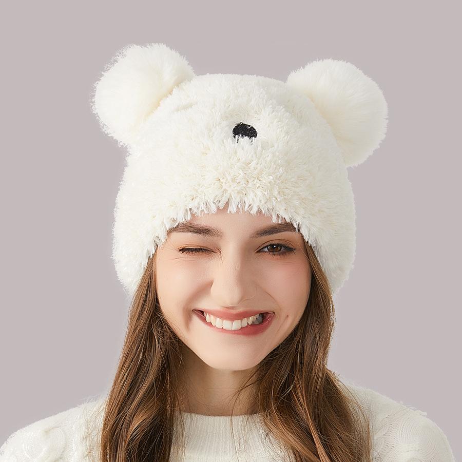 Зимняя женская вязаная шапка с медвежьим мехом, плюшевая шапка с защитой ушей, теплая шапка с рукавами, шапки с черепами
