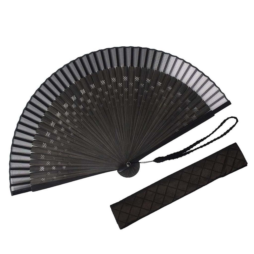 Stylish Kimono Iroha Fabric Folding Fan with Fan Dyed Checkered 22cm Men's Bag, Bone, Pattern, (Black)