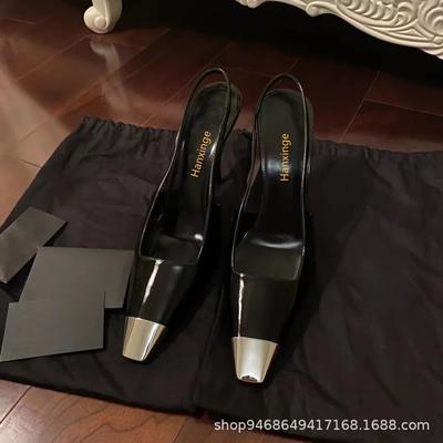 Черные туфли на высоком каблуке женские 2024 весна и осень новые лакированные туфли на тонком каблуке с металлическим квадратным носком модные одинарные туфли женские туфли