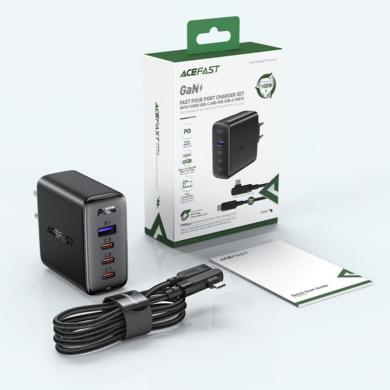Acefast GaN Network Charger 100W Black, 3xUSB-C/1xUSB-A, Incl. 2m 100W Angled USB-C Cable