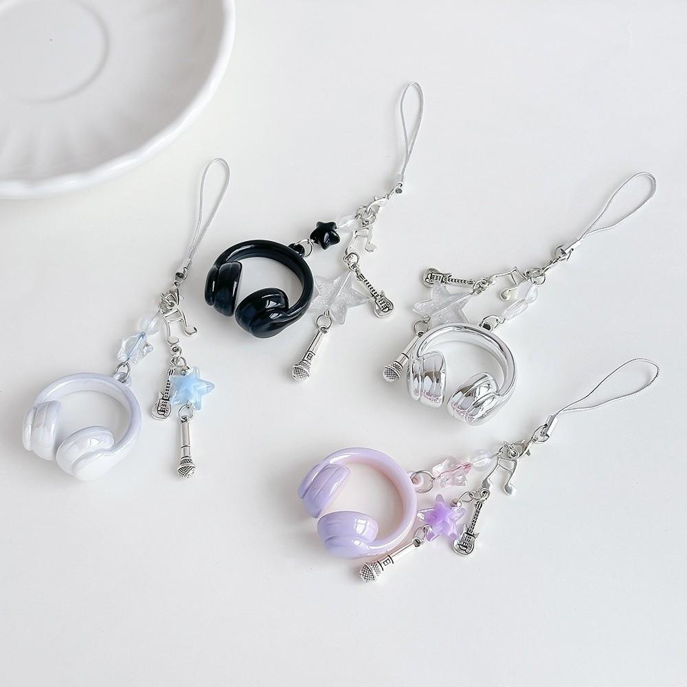 Mini Headset Cellphone Decoration Beads Beaded Phone Chain Black Wing Cross Charms Y2K Style