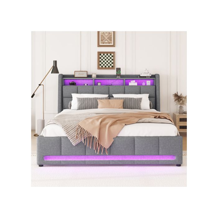 Lit - MUVOE - 140 x 200 cm - Rangement intégré - Éclairage LED - Prise USB