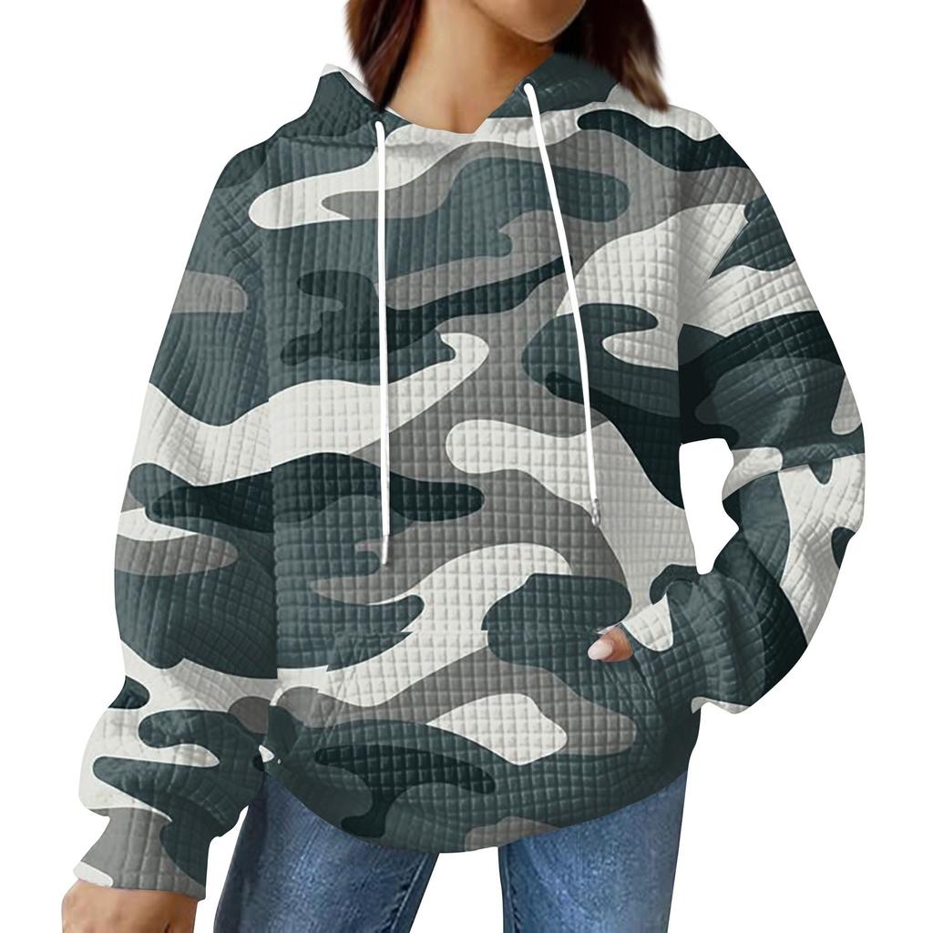 Women's Fashionable Loose Fitting Hooded Pullover, Long Sleeved Sportswear, Camouflage Printed Top, Daily Hoodie